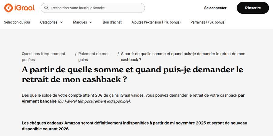 Retrait du cashback iGraal : PayPal temporairement indisponible, virement bancaire dès 20 euros