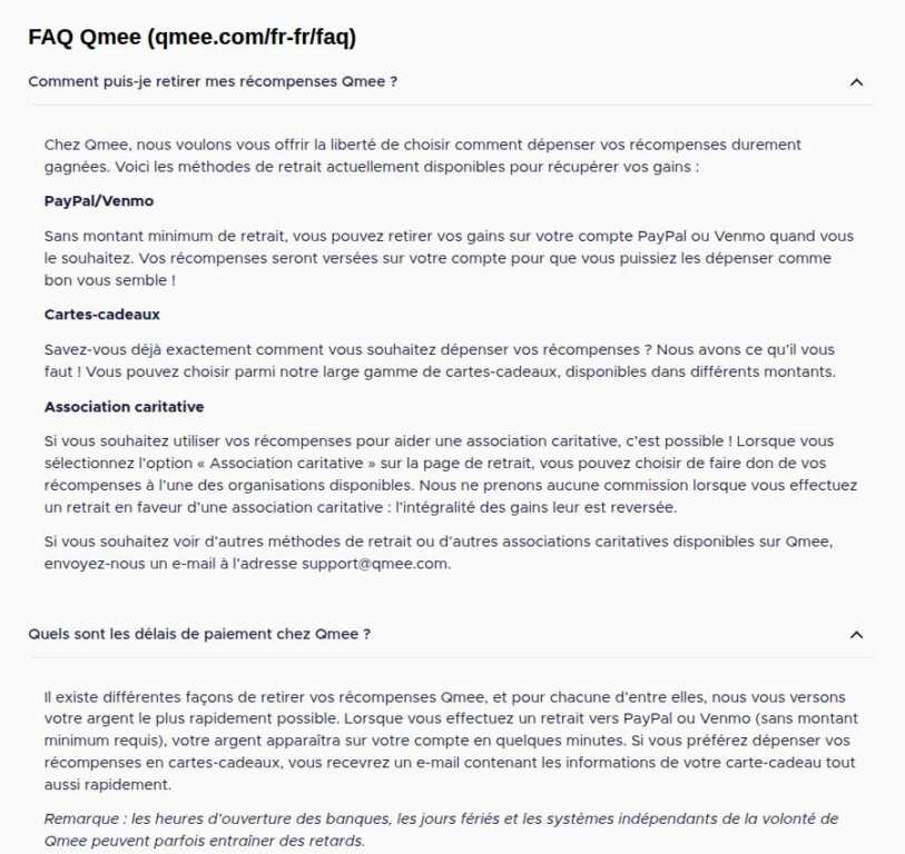 Gagner de l’argent sur PayPal avec Qmee : la FAQ officielle indique un retrait PayPal sans montant minimum et un versement en quelques minutes
