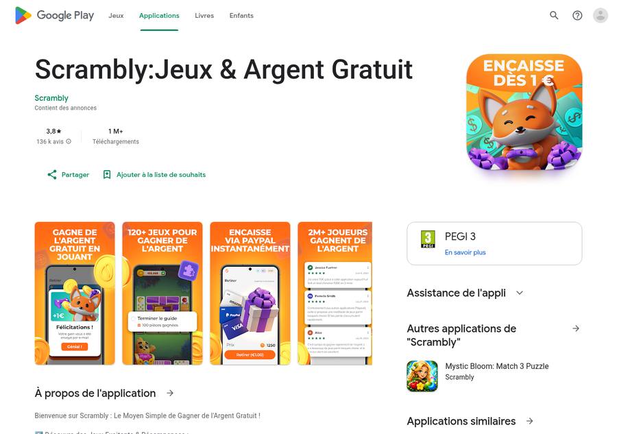 Fiche Google Play de Scrambly vue depuis la France : la fiche promet un retrait PayPal dès 1 euro, mais l’appli n’est pas installable en France