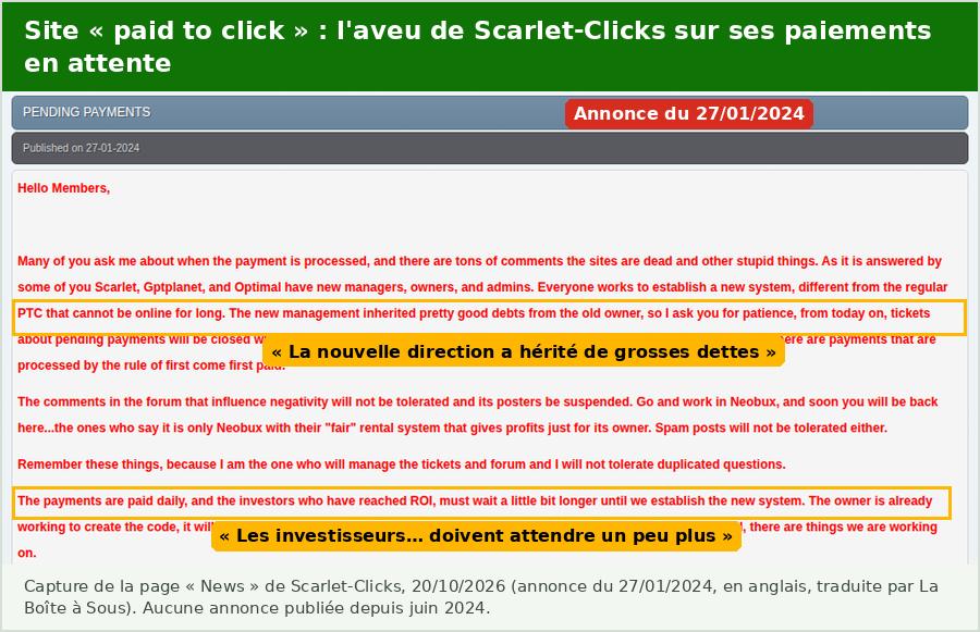 Annonce de Scarlet-Clicks de janvier 2024 sur les paiements en attente : la nouvelle direction a hérité de grosses dettes et les investisseurs doivent attendre