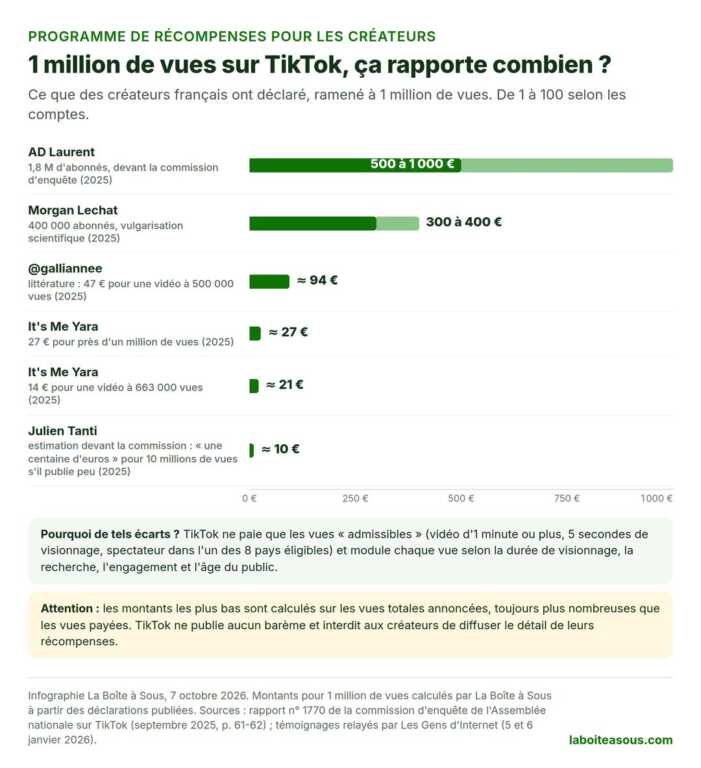 Graphique : combien rapporte 1 million de vues sur TikTok selon des créateurs français. AD Laurent 500 à 1 000 euros, Morgan Lechat 300 à 400 euros, galliannee environ 94 euros, It’s Me Yara environ 27 et 21 euros, Julien Tanti environ 10 euros