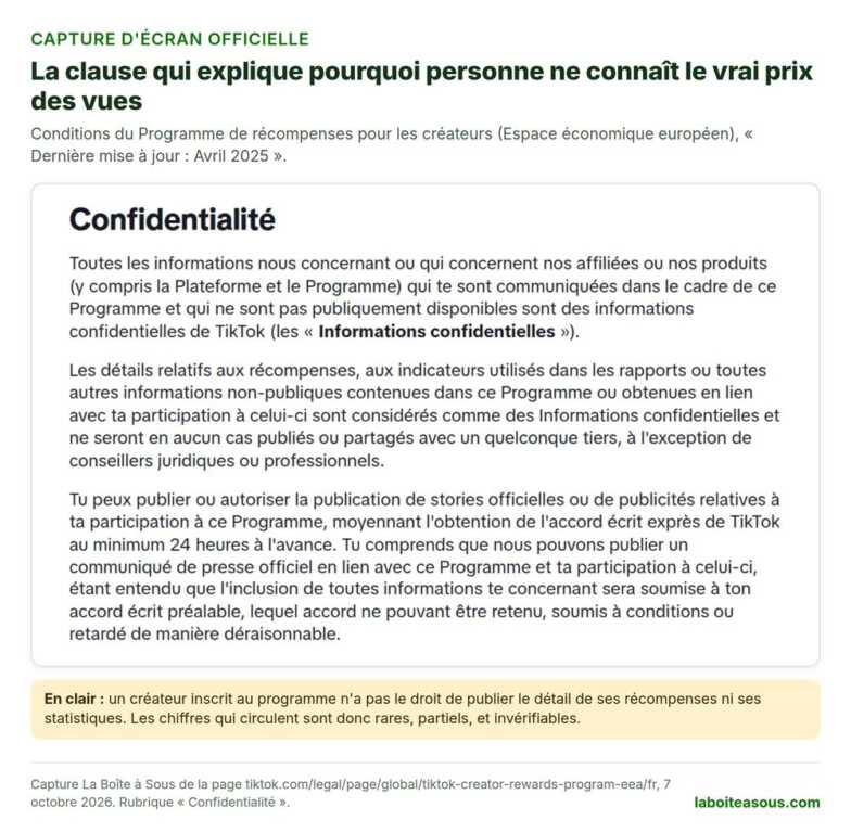 Capture des conditions du Programme de récompenses pour les créateurs de TikTok (avril 2025) : les détails relatifs aux récompenses sont des informations confidentielles qui ne doivent pas être publiées, ce qui explique le flou sur ce que rapporte TikTok