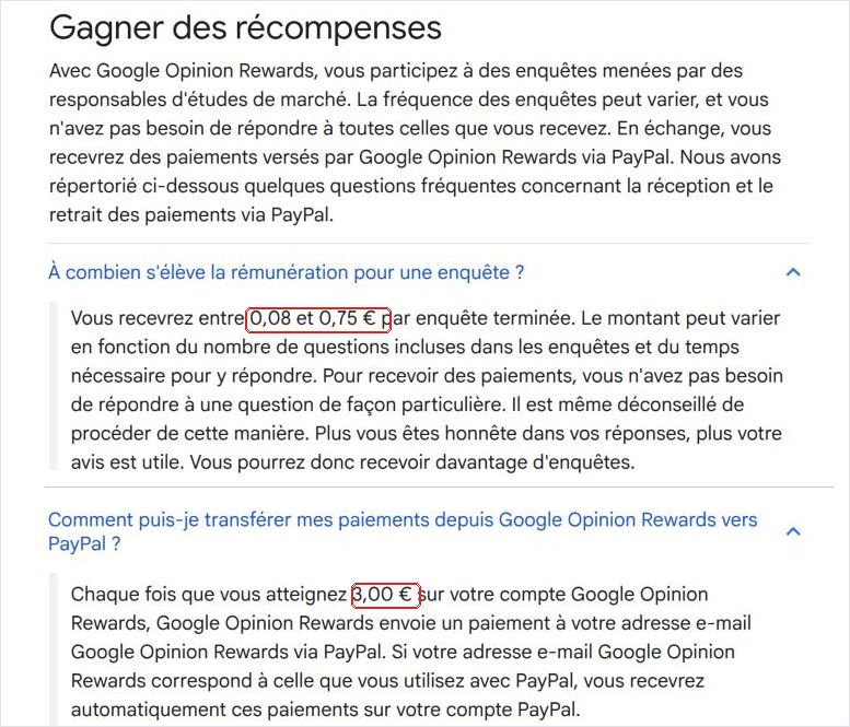 Centre d’aide Google Opinion Rewards en français : rémunération de 0,08 à 0,75 euro par enquête et paiement PayPal à chaque fois que le compte atteint 3,00 euros