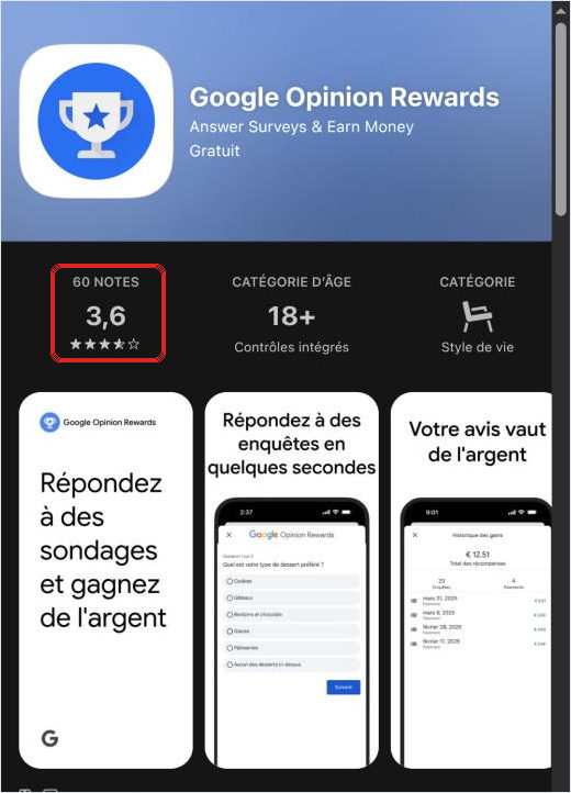 Fiche App Store France de Google Opinion Rewards en octobre 2026 : 60 notes, moyenne de 3,6 sur 5, appli réservée aux 18 ans et plus