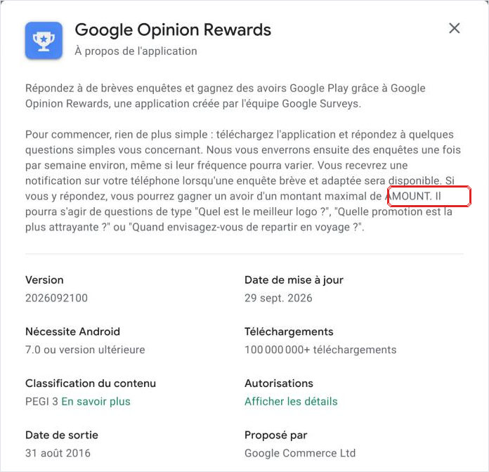 Description française de Google Opinion Rewards sur Google Play, avec la variable AMOUNT jamais remplie à la place du montant maximal par enquête