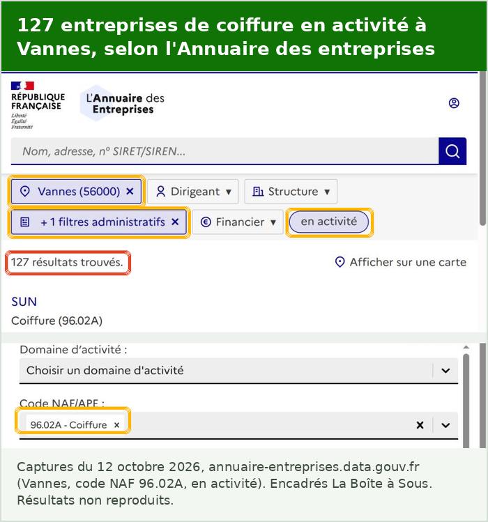 Recherche dans l’Annuaire des entreprises : 127 entreprises de coiffure en activité à Vannes le 12 octobre 2026, avec les filtres de localisation, de code d’activité et d’état