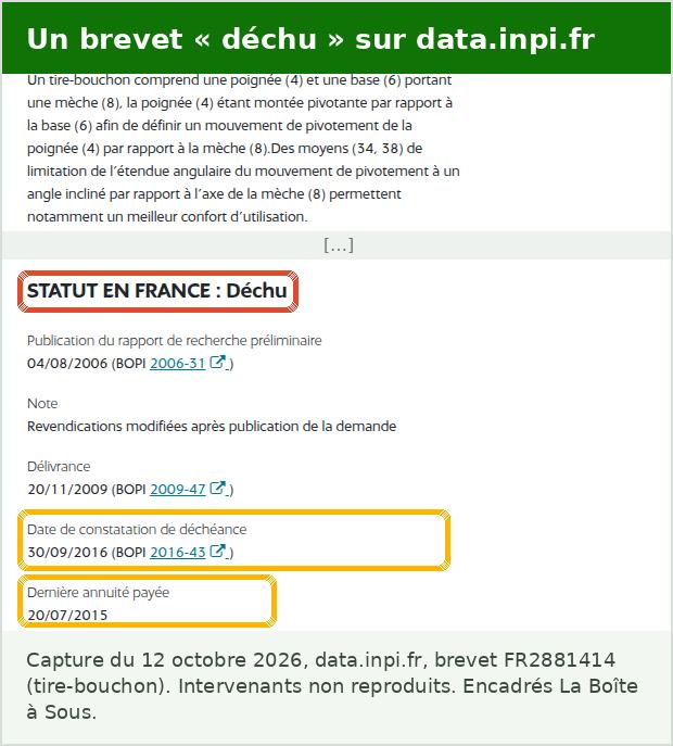 Fiche d’un brevet de tire-bouchon sur data.inpi.fr : statut en France déchu, date de constatation de la déchéance le 30 septembre 2016, dernière annuité payée en 2015