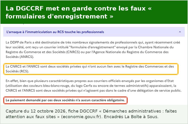 Mise en garde de la DGCCRF contre de faux formulaires d’enregistrement envoyés aux entreprises nouvellement créées par des sociétés privées sans lien avec le registre du commerce