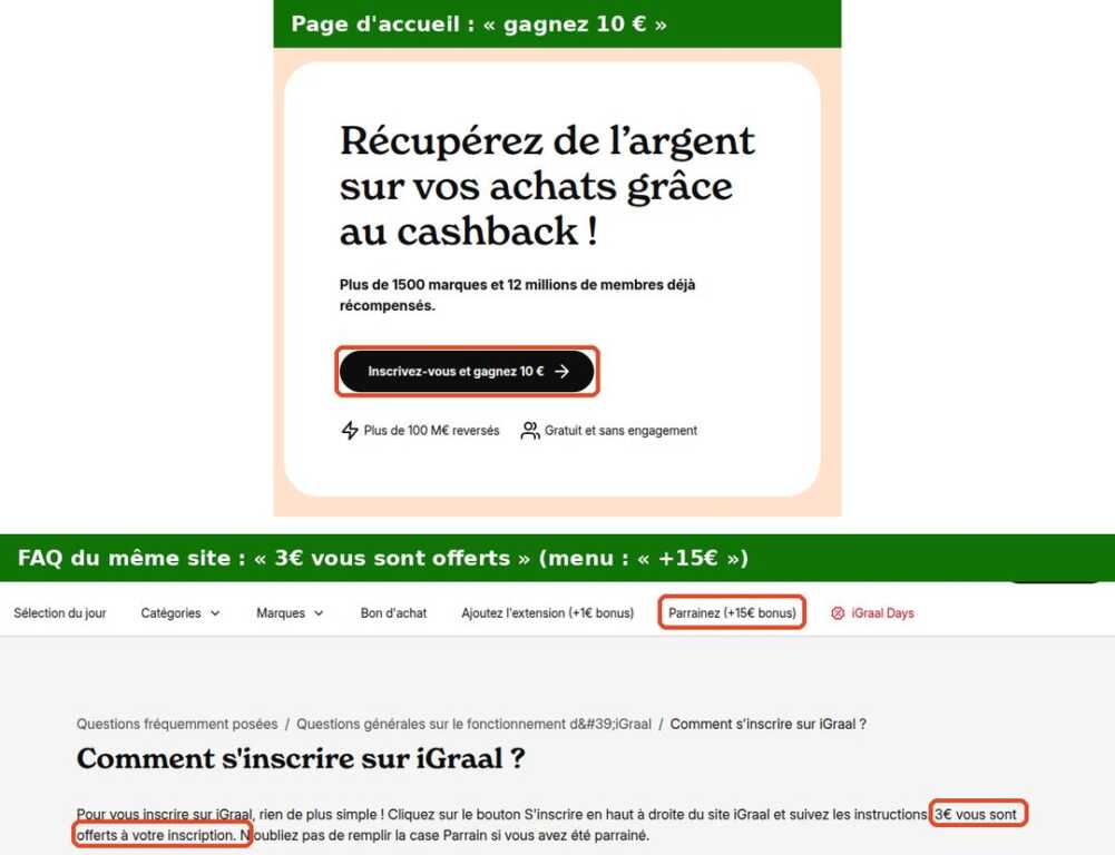 Captures du site iGraal le 8 octobre 2026 : la page d’accueil affiche un bouton Inscrivez-vous et gagnez 10 euros, tandis que la FAQ Comment s’inscrire sur iGraal indique 3 euros offerts à l’inscription et que le menu affiche Parrainez plus 15 euros de bonus