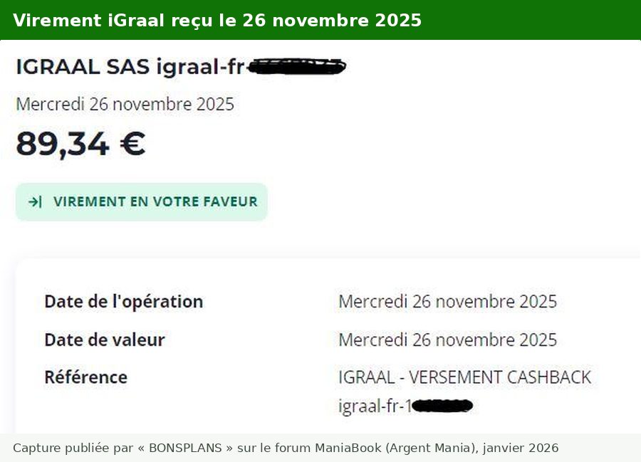 Preuve de paiement iGraal : détail d’opération bancaire, virement en votre faveur de 89,34 euros de IGRAAL SAS le mercredi 26 novembre 2025, référence IGRAAL - VERSEMENT CASHBACK