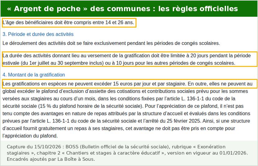 Job ado : les règles officielles du dispositif argent de poche dans le Bulletin officiel de la sécurité sociale, jeunes de 14 à 26 ans, pendant les congés scolaires, 20 jours l’été et 10 jours pour les autres vacances, 15 euros par jour au maximum