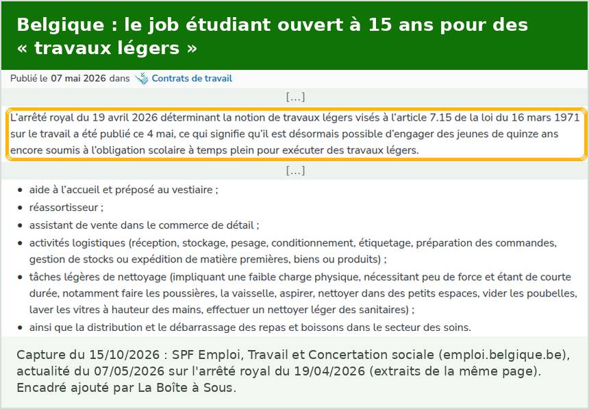 Job ado en Belgique : l’actualité du SPF Emploi du 7 mai 2026, les jeunes de 15 ans encore soumis à l’obligation scolaire à temps plein peuvent exécuter des travaux légers, liste des activités autorisées