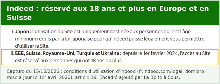 Extrait des conditions d’utilisation d’Indeed, depuis le 1er février 2024 l’accès au site est réservé aux personnes de 18 ans ou plus dans l’Espace économique européen et en Suisse
