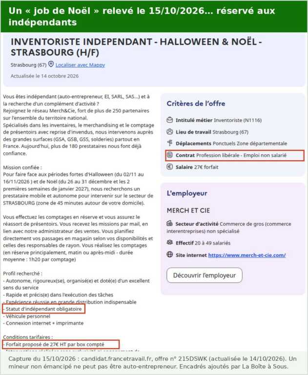 Offre France Travail d’inventoriste pour Halloween et Noël à Strasbourg, contrat profession libérale emploi non salarié, statut d’indépendant obligatoire, forfait de 27 euros HT par box compté