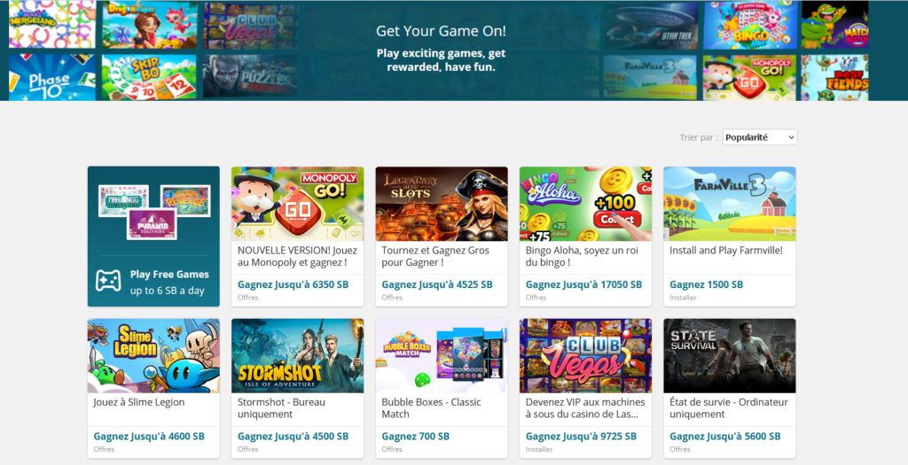 Job ado en ligne : la page des jeux rémunérés de Swagbucks, accessible dès 13 ans avec l’accord d’un parent