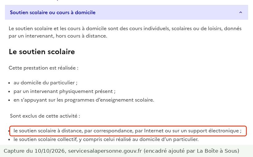 Job étudiant en ligne et cours particuliers : la page officielle des services à la personne exclut le soutien scolaire à distance, par correspondance, par Internet ou sur un support électronique du crédit d’impôt