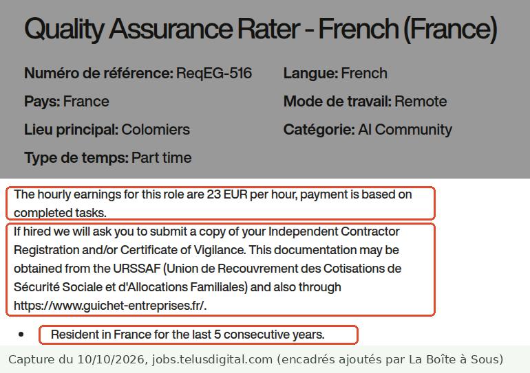 Job étudiant en ligne dans l’intelligence artificielle : offre TELUS Digital de Quality Assurance Rater en français, 23 euros de l’heure payés à la tâche, statut d’indépendant enregistré à l’Urssaf et 5 ans de résidence en France exigés