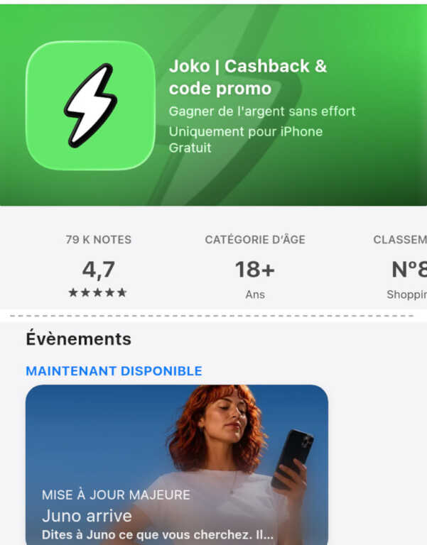 Fiche App Store France de Joko en septembre 2026 : note de 4,7 sur 5 pour 79 000 notes, catégorie d'âge 18 ans et plus, et événement Juno arrive présenté comme une mise à jour majeure