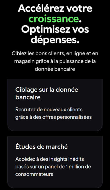Page Joko Business destinée aux marques : ciblez les bons clients, en ligne et en magasin, grâce à la puissance de la donnée bancaire, ciblage sur la donnée bancaire et études de marché basées sur un panel de 1 million de consommateurs