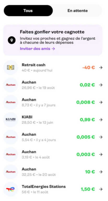 Historique d'une cagnotte Joko avec un retrait cash de 40 euros, des cashbacks de 0,02, 0,008, 0,005 et 0,003 euro chez Auchan, 0,99 euro chez Kiabi, 10 euros sur une offre Auchan et 1,50 euro chez TotalEnergies