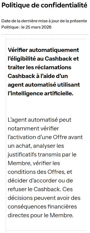 Extrait de la politique de confidentialité de Joko du 25 mars 2026 : un agent automatisé utilisant l'intelligence artificielle peut vérifier l'éligibilité au cashback, analyser les justificatifs et décider d'accorder ou de refuser le cashback