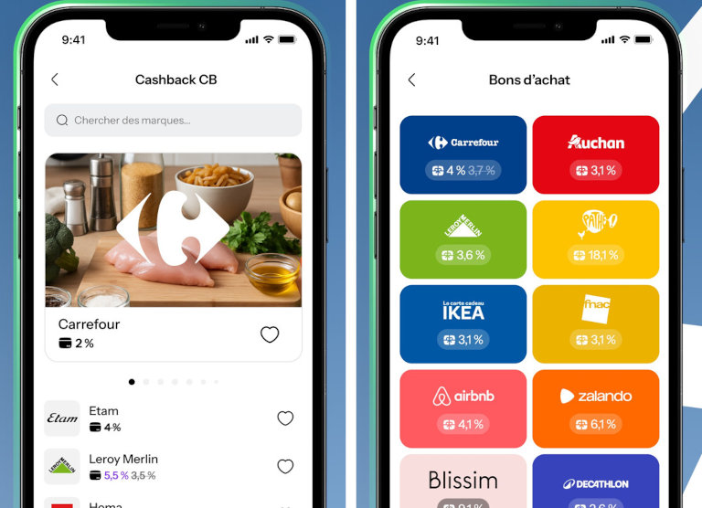 Captures publicitaires de Joko sur l'App Store : cashback CB de 2 % chez Carrefour, et bons d'achat à 4 % chez Carrefour, 3,1 % chez Auchan, IKEA et Fnac, 4,1 % chez Airbnb et 6,1 % chez Zalando