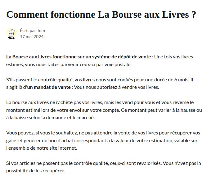 Capture du centre d’aide de La Bourse aux Livres : la Bourse aux Livres fonctionne sur un système de dépôt-vente, elle ne rachète pas vos livres mais les vend pour vous pendant 6 mois