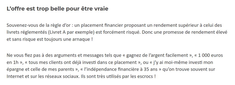 Page de l’AMF sur les arnaques qui cite le slogan l’indépendance financière à 35 ans parmi les arguments utilisés par les escrocs, aux côtés de gagnez de l’argent facilement et 1 000 euros en 1h