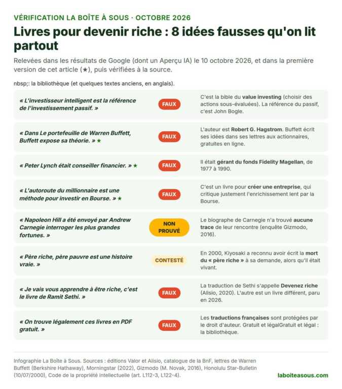 Livres pour devenir riche : 8 idées fausses vérifiées, dont L’investisseur intelligent présenté comme la référence de l’investissement passif, Buffett auteur du Portefeuille de Warren Buffett, Lynch conseiller financier, L’autoroute du millionnaire méthode boursière, la rencontre entre Hill et Carnegie et les PDF gratuits légaux
