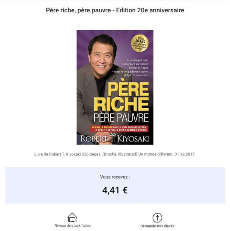 Livre pour devenir riche le plus célèbre : offre de rachat Momox à 4,41 euros pour Père riche, père pauvre édition 20e anniversaire, niveau de stock faible et demande très élevée, relevée le 10 octobre 2026