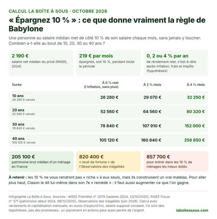 Livre pour devenir riche et règle des 10 % : 219 euros épargnés par mois pendant 10, 20, 30 et 40 ans à 0, 2 et 4 % de rendement réel, soit de 26 280 à 258 850 euros, comparés au patrimoine médian de 205 100 euros et au seuil des 10 % les mieux dotés de 857 700 euros