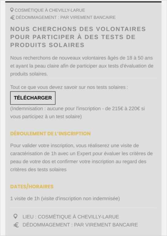 Annonce du site L’Oréal Évaluation Produits pour des tests de produits solaires à Chevilly-Larue : indemnisation de 215 à 220 euros par virement bancaire, visite d’inscription d’une heure non indemnisée