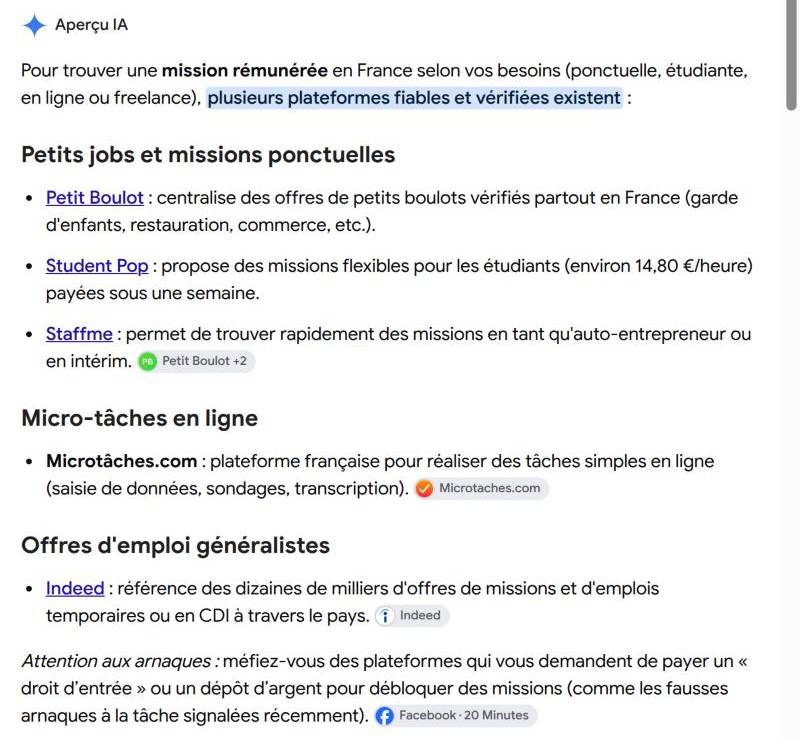 Mission rémunérée : l’Aperçu IA de Google annonce des plateformes fiables et vérifiées et présente Microtaches.com comme une plateforme française de micro-tâches