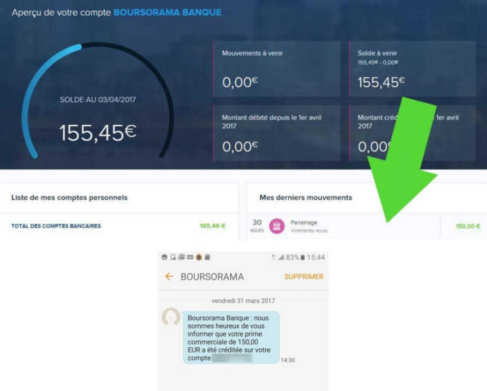 Preuve de paiement d'un parrainage Boursorama Banque en 2017 : compte affichant un virement reçu Parrainage de 150 euros le 30 mars, et SMS de la banque du 31 mars 2017 confirmant que la prime commerciale de 150 euros a été créditée