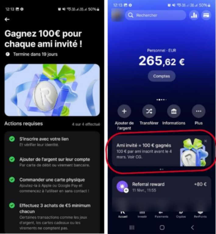 Preuve de paiement d'un parrainage Revolut : écran de la campagne avec les 4 actions demandées au filleul, et historique du compte du parrain affichant une ligne Referral reward de 80 euros datée du 11 février