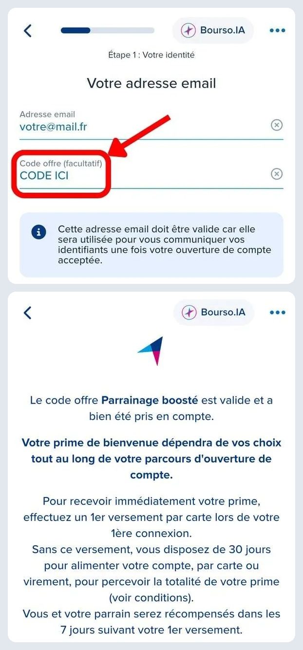 Inscription dans l'application BoursoBank : à l'étape 1 Votre identité, le champ Code offre facultatif se trouve sous l'adresse e-mail, puis un écran confirme que le code offre Parrainage boosté est valide et que le filleul et son parrain seront récompensés dans les 7 jours suivant le premier versement