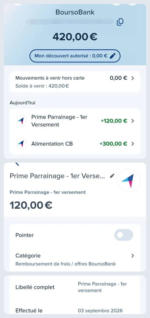 Compte BoursoBank d'un filleul avec une alimentation par carte de 300 euros et une prime parrainage 1er versement de 120 euros, puis le détail de l'opération : catégorie remboursement de frais et offres BoursoBank, effectuée le 3 septembre 2026