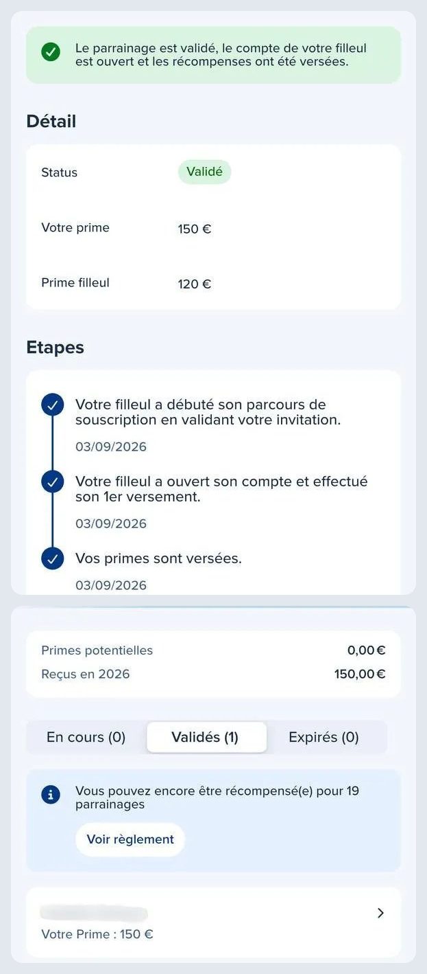 Écran de parrainage BoursoBank d'un parrain : parrainage validé, prime du parrain de 150 euros et prime du filleul de 120 euros versées le 3 septembre 2026, puis l'écran Suivre mes parrainages avec 150 euros reçus en 2026 et 19 parrainages encore récompensables