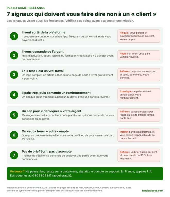 Infographie : 7 signaux qui doivent vous faire dire non à un client sur une plateforme freelance. 1, il veut sortir de la plateforme et vous payer en direct. 2, il vous demande de l’argent : frais d’activation, dépôt, logiciel ou formation. 3, le test gratuit est un vrai travail. 4, il paie trop puis demande un remboursement. 5, un lien pour débloquer votre argent, aux couleurs de la plateforme. 6, on veut louer votre compte. 7, pas de brief écrit ni d’acompte. En cas de doute : ne rien payer, rester sur la plateforme, signaler le compte, appeler Info Escroqueries au 0 805 805 817