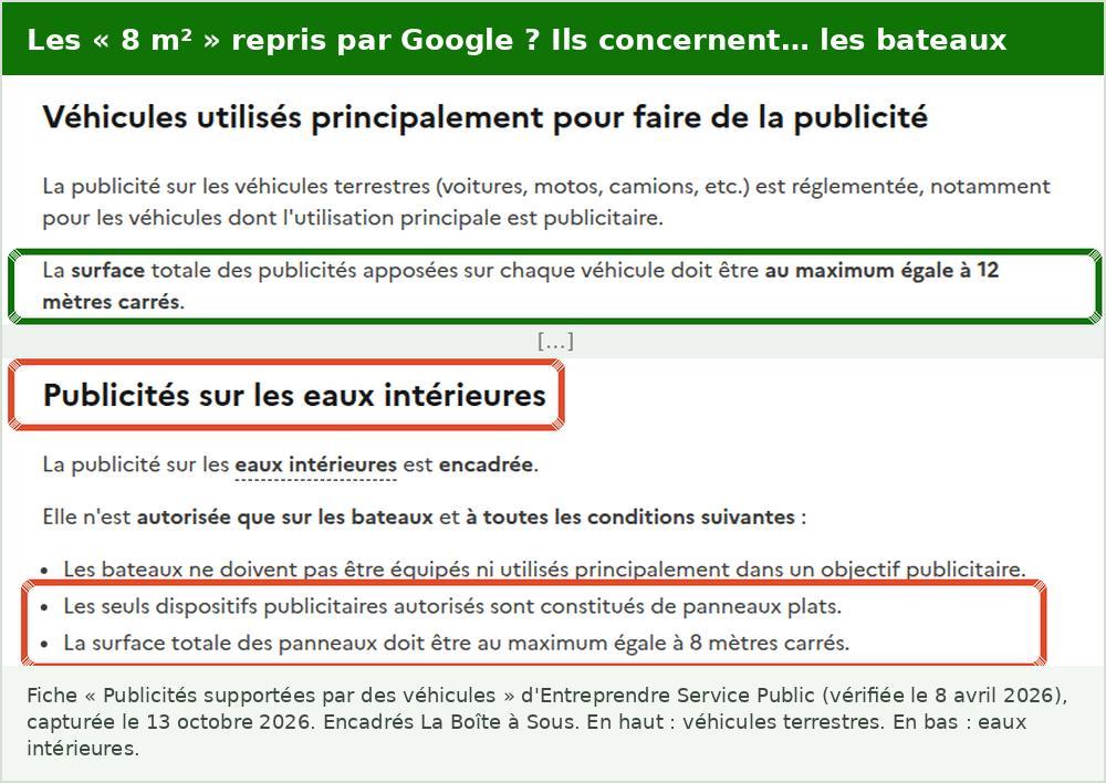 Publicité sur voiture rémunérée et loi : fiche officielle Entreprendre Service Public sur les publicités supportées par des véhicules, 12 mètres carrés maximum pour les véhicules terrestres utilisés principalement pour la publicité, 8 mètres carrés et panneaux plats pour les bateaux sur les eaux intérieures