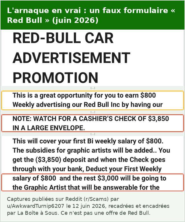 Faux formulaire Red Bull Car Advertisement Promotion reçu par SMS en juin 2026 : 800 dollars par semaine promis, chèque de banque de 3 850 dollars, 3 000 dollars à reverser au graphiste, exemple typique de l’arnaque à la publicité sur voiture rémunérée