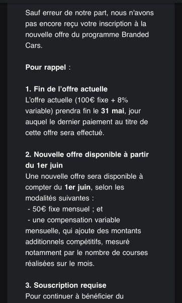 Publicité sur voiture rémunérée pour les VTC : courriel de Bolt aux chauffeurs en mai 2026, fin de l’offre de publicité Branded Cars à 100 euros fixes plus 8 pour cent variable au 31 mai, nouvelle offre à 50 euros fixes par mois plus une compensation variable au 1er juin