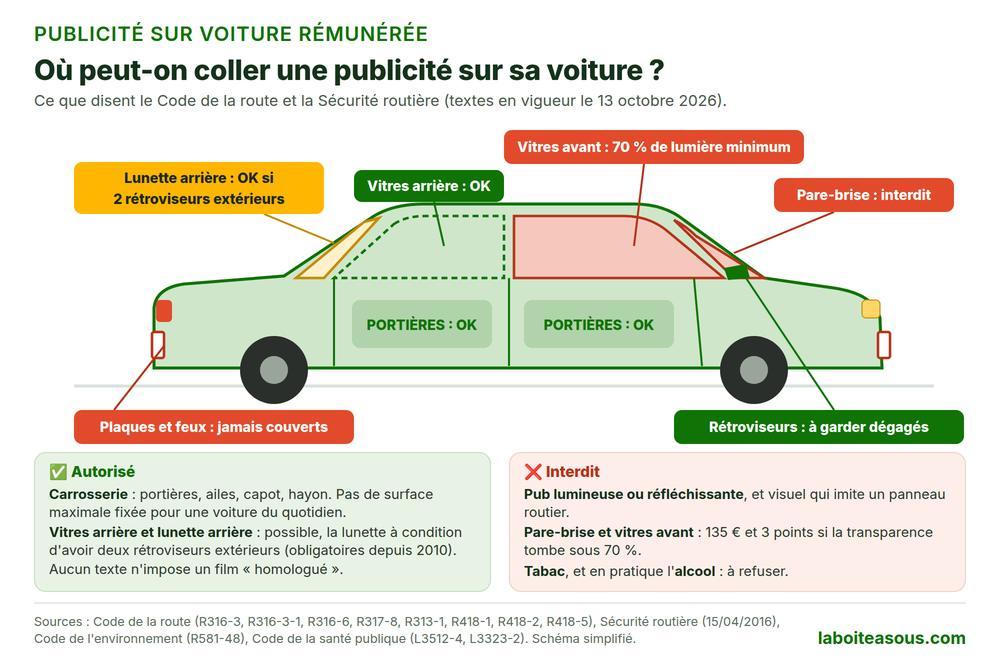 Où peut-on coller une publicité sur sa voiture : portières, capot, ailes et vitres arrière autorisés, lunette arrière autorisée avec deux rétroviseurs extérieurs, pare-brise et vitres avant interdits sous 70 pour cent de transmission de la lumière, plaques et feux jamais couverts, publicité lumineuse ou réfléchissante interdite