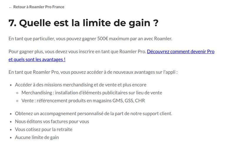 Page officielle Roamler Pro France : en tant que particulier, vous pouvez gagner 500 euros maximum par an avec Roamler, au-delà il faut s’inscrire en tant que Roamler Pro