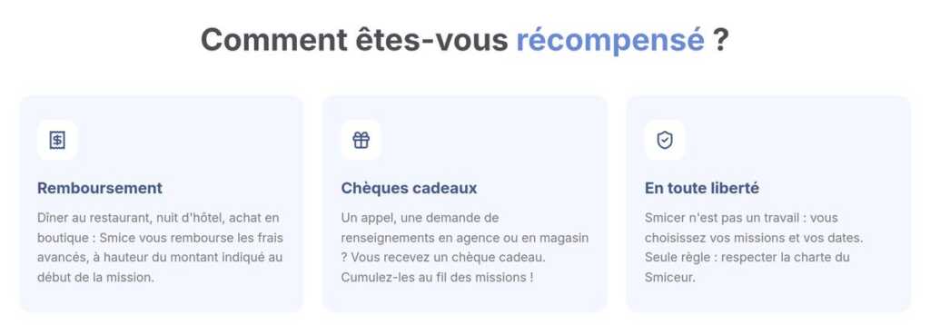 Page Devenir Smiceur de Smice : remboursement des frais avancés pour un dîner au restaurant, une nuit d’hôtel ou un achat en boutique, chèques cadeaux pour un appel ou une demande de renseignements, et précision que smicer n’est pas un travail