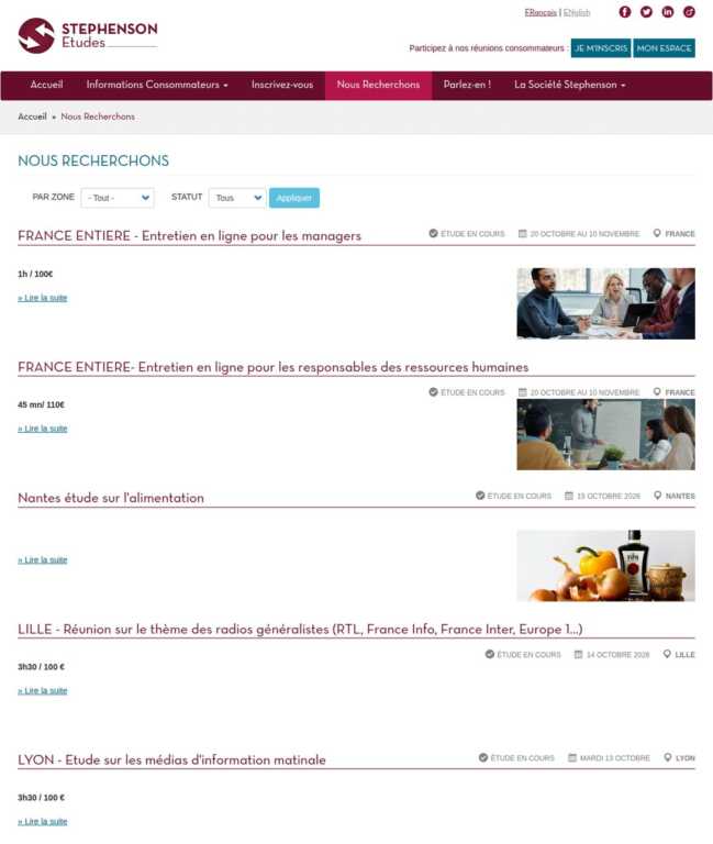 Capture des annonces de Stephenson Études le 6 octobre 2026 : réunions consommateurs rémunérées 100 euros pour 3 heures 30 et entretiens en ligne à 100 et 110 euros, des sondages rémunérés bien mieux payés qu'en ligne