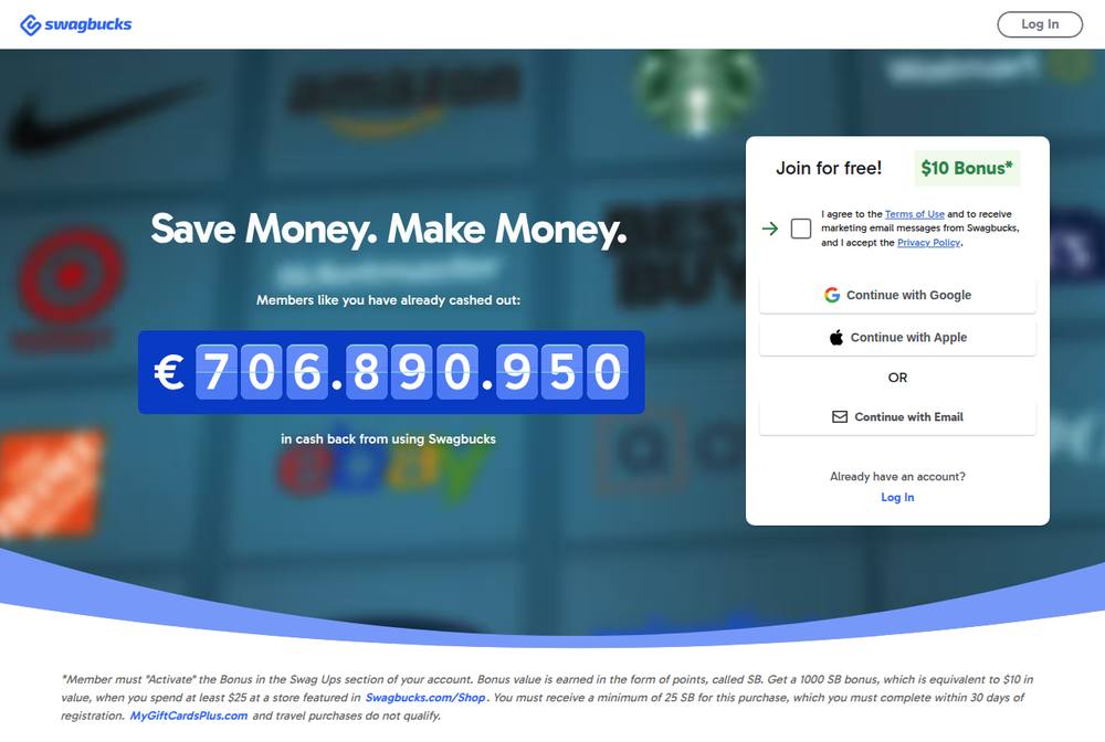 Swagbucks avis : la page d’accueil vue depuis la France en octobre 2026, en anglais, avec un compteur de 706 890 950 affiché en euros alors qu’il s’agit de dollars et l’encadré $10 Bonus