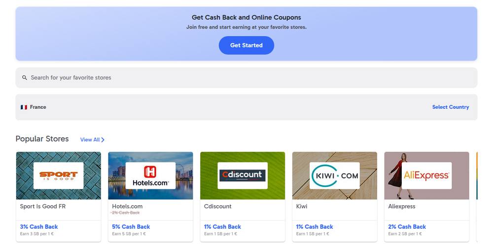 Cashback Swagbucks en France en octobre 2026 : pays France sélectionné, Sport Is Good 3 %, Hotels.com 5 %, Cdiscount 1 %, Kiwi 1 % et AliExpress 2 %, soit 1 SB par euro pour 1 %