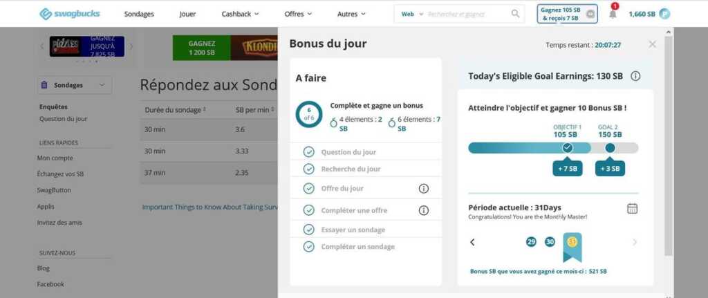 Interface française de Swagbucks en 2024 : liste des sondages de 30 et 37 minutes payés 3,6, 3,33 et 2,35 SB par minute, et fenêtre Bonus du jour avec question du jour, recherche du jour et objectif de 105 SB