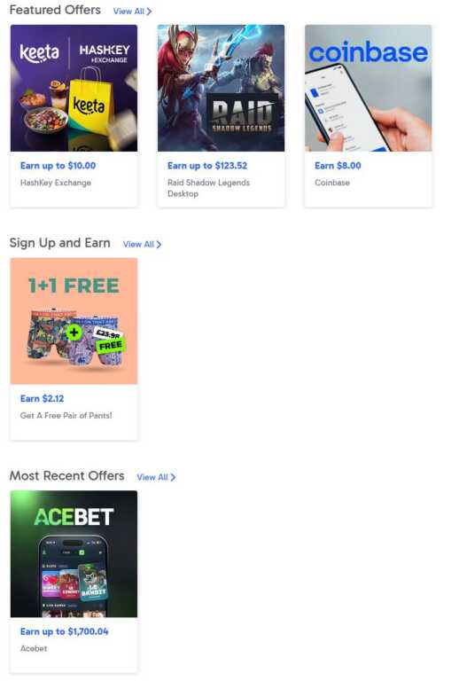Offres Discover de Swagbucks vues depuis la France en octobre 2026 : plateformes crypto HashKey et Coinbase, jeu Raid Shadow Legends jusqu’à 123,52 dollars et casino en ligne Acebet jusqu’à 1 700,04 dollars